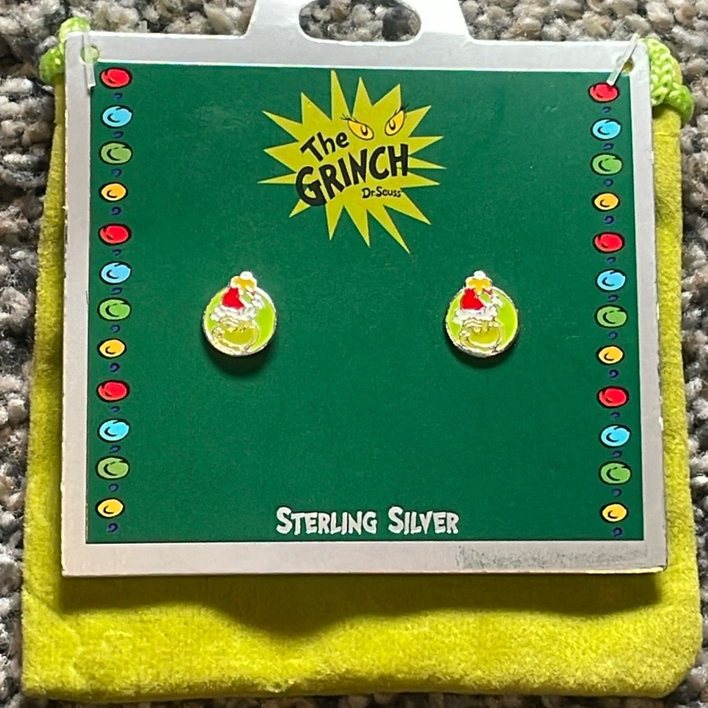 Grinch Sterling Silver Merry Grinchmas Ornament Stud Earrings With Pouch!